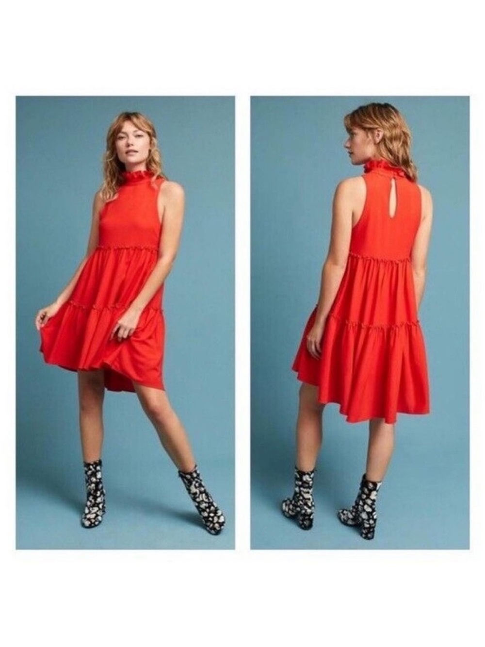 ELLIATT | Anthropologie Ruffled Turtleneck Swing Dress, red, size small - Picture 2 of 6